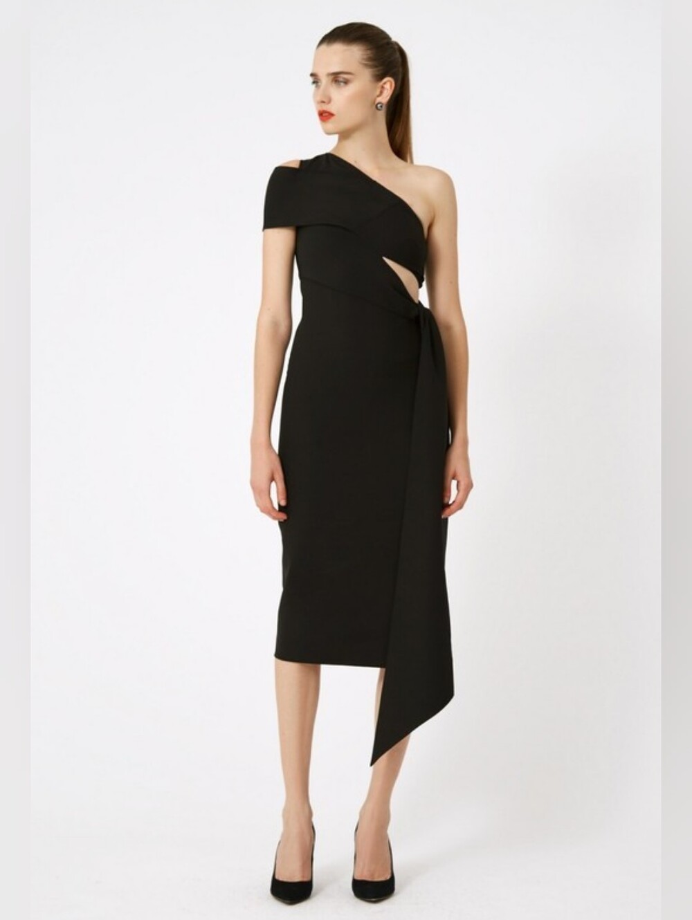 AQ/AQ Black One-Shoulder Cutout Sheath Midi Dress with Side Bow, Size 4 NWOT